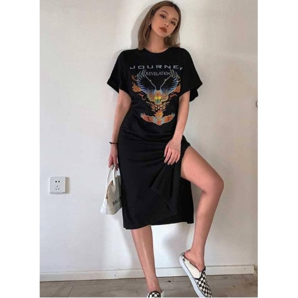 Journey Revelation Album Graphic T-Shirt Dress Black Side Slit Black Band T M